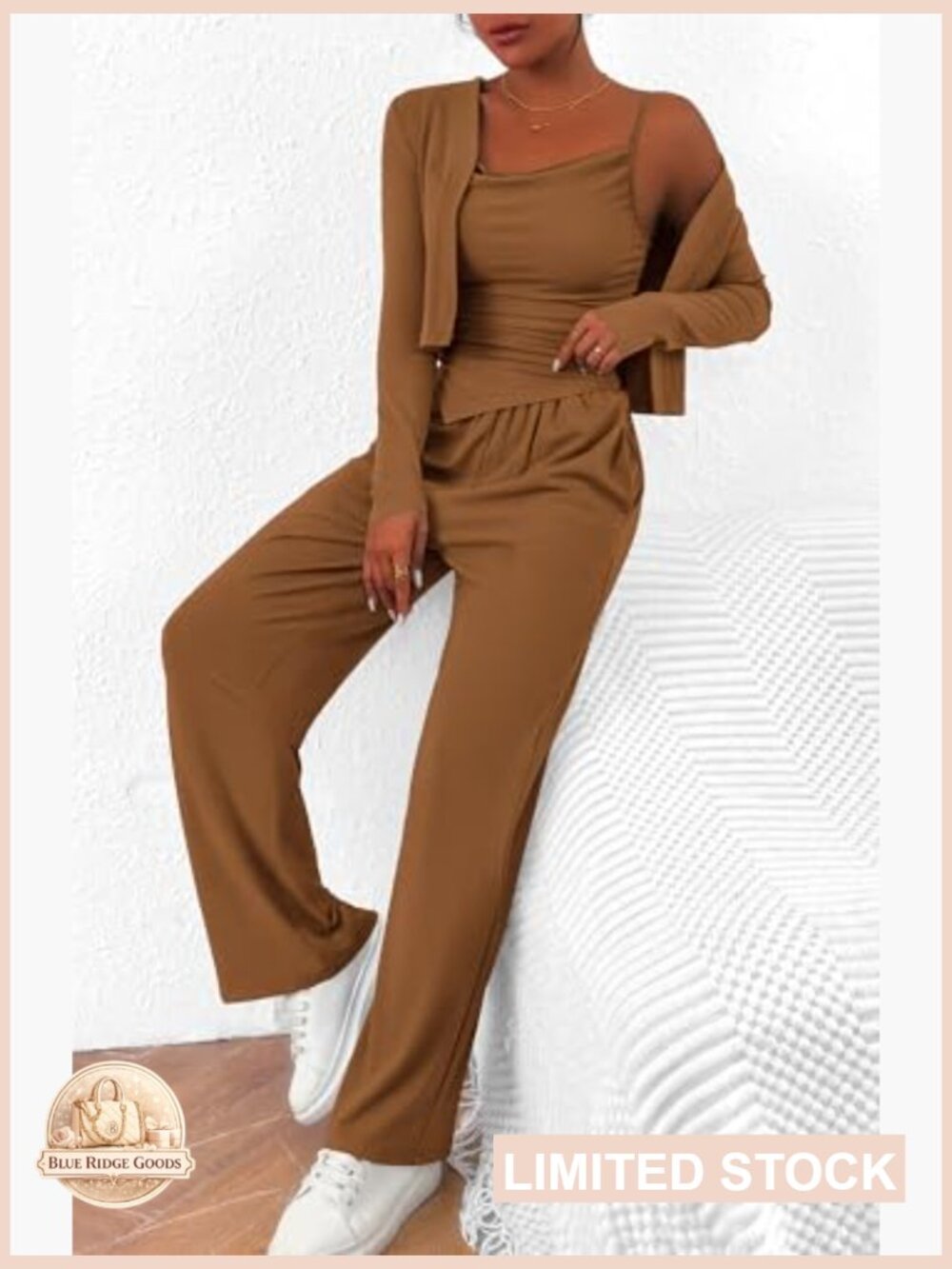 3 Piece Lounge Set Tracksuit Cardigan Crop Top Wide Leg Sweatpants - Picture 6 of 7
